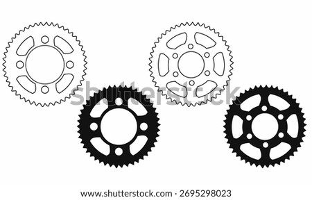 mechanical sprockets or sprocket wheel or chainwheel or gear wheels icon set outline and silhouette.for machinery, engineering, bike parts, and industrial design.