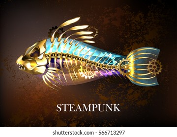 Mechanical, steampunk, antique gold fish with skeleton and gears on brown background.