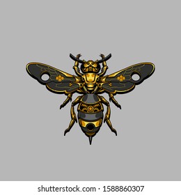 mechanical steampunk bee illustration and tshirt design