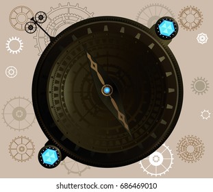 Mechanical steampunk compass with clockwork gears, cogs and gems