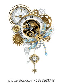 Mechanical steampunk dragonfly with blue wings and gold antique clock, golden gears on white background. Steampunk style. hand drawn vector art