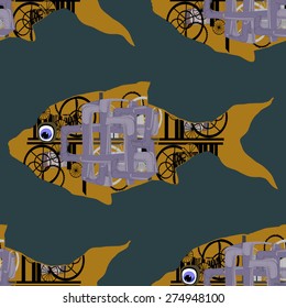 Mechanical Steampunk fish. Seamless.