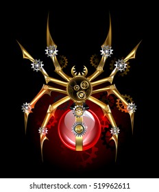 Mechanical, steampunk spider with gold, brass gears and red glass lamp on black background.