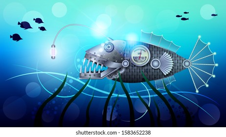 Mechanical steel metal fish with a flashlight under water, Steampunk. Monkfish or angler. Realistic vector illustration stock.