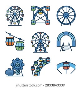 Mechanical and structural amusement park icon set.