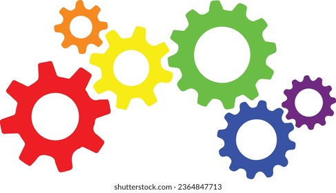 A mechanical system consisting of various gears with rainbow colors on a white background, LGBT logo design, diversity concept