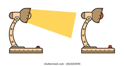 Lámpara mecánica de mesa hecha de metal, luz encendida y apagada. Ilustración vectorial.