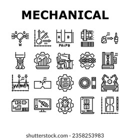 mechanical technology engineer icons set vector. industry machinery, machine blueprint work factory, construction worker, production mechanical technology engineer black contour illustrations