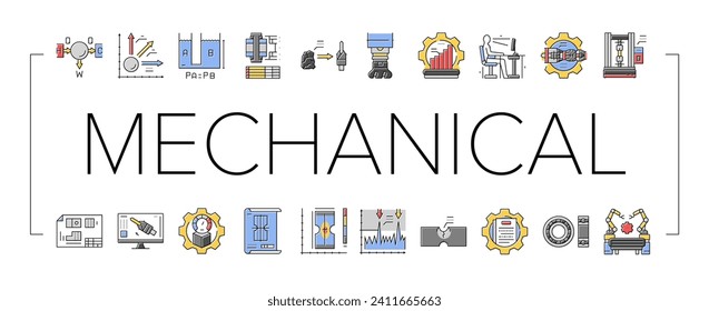 mechanical technology engineer icons set vector. industry machinery, machine blueprint work factory, construction worker, production mechanical technology engineer color line illustrations