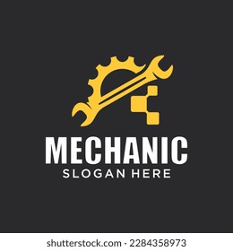 Logo de tecnología mecánica, símbolo del logotipo combinado de engranajes y pistones. piezas del motor