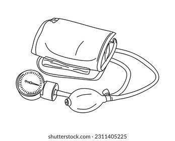 Autónomo mecánico en la línea de contorno. Ilustración manual del equipo médico autónomo con mango y manómetro aislado sobre fondo blanco. Concepto de salud y medicina. Vector