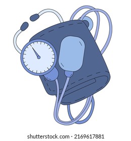 Mechanical tonometer with cuff, pressure gauge and stethoscope. Aneroid sphygmomanometer in cartoon style. Vector illustration isolated on white background. Device for measuring blood pressure