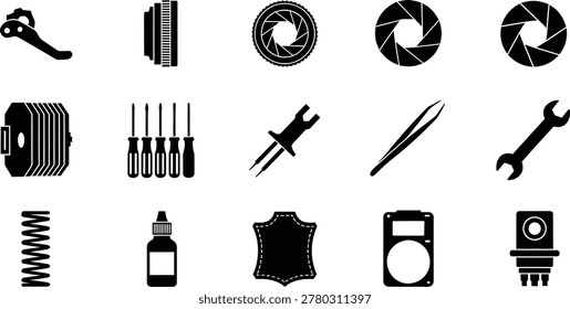 Mechanical tool camera component silhouette icons collection in black
