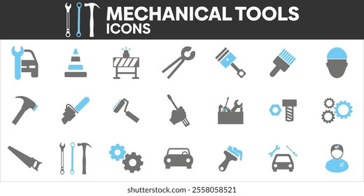 Mechanical Tools Icons Set, Containing All Mechanical Tools Icons Outlines, Vector Illustration Collection Editable eps10