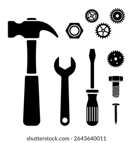 Mechanical tools vector icons set, common hardware, gears. Cogwheel wrench hammer screwdriver bolt nut nail. Industrial graphic for construction, repair services, engineering concepts. Workshop equipm