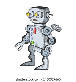 Mechanical toy robot color sketch engraving vector illustration. Scratch board style imitation. Black and white drawn image.