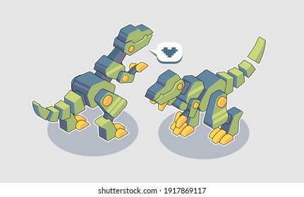 Mechanical T-rex cartoon illustration. Dinosaur robot mascot design. Iron monster Prehistoric.