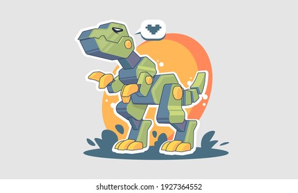 Mechanical T-rex cartoon illustration. Dinosaur robot mascot design. Iron monster Prehistoric.