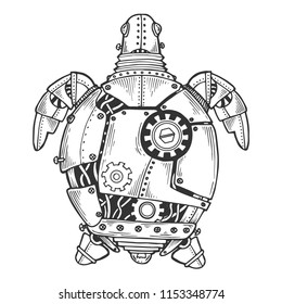 Mechanical turtle animal engraving vector illustration. Scratch board style imitation. Black and white hand drawn image.