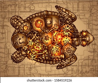 Mechanical turtle. Hand drawn vector steampunk  illustration. Print for t-shirt. 