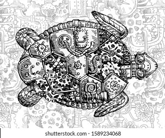 Mechanical turtle. Hand drawn vector steampunk  illustration. Print for t-shirt. 