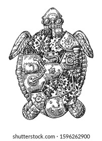 Mechanical turtle. Hand drawn vector steampunk  illustration. Print for t-shirt. 