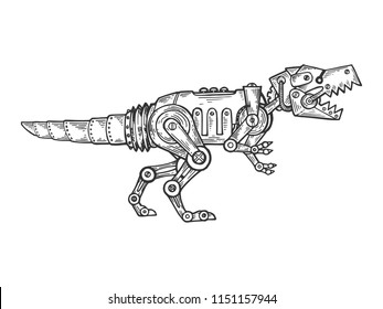 Mechanical Tyrannosaurus dinosaur animal engraving vector illustration. Scratch board style imitation. Black and white hand drawn image.