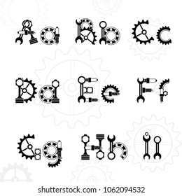 Mechanical vector black font. Vintage alphabet.