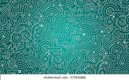 Mechanical Vector Seamless Background Texture Pattern Isolated On Gradient Background. Steam Punk. Brown And Golden Colors. 3D Effect. Green.