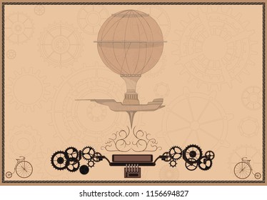 mechanical vector vintage metal steampunk isolated airship frame sign menu. Steam punk poster illustration of rusty grunge collage, cogs, dark elements, wheels and gears.