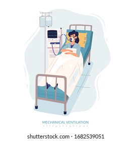 Mechanical ventilation poster. A woman is lying on a bed in a hospital room, connected to a ventilator In a flat cartoon style. Vector illustration