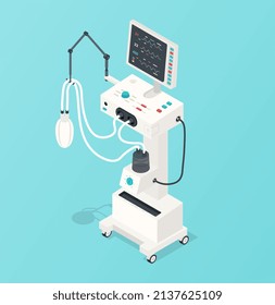 Mechanical Ventilation System. Special Devices For Protection Of Lungs, Care For The Respiratory System. Innovation And Implementation Of New Technologies. Cartoon Isometric Vector Illustration