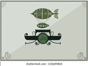 mechanical vintage metal steampunk vector airship frame sign, poster illustration of rusty grunge collage, cogs, dark elements, wheels and gears