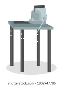 Mechanical vise on a special metal table isolated on white. Metal clamps tool for turner. Vice for metalworking. Carpentry tools for fixing parts in various types of processing vector illustration