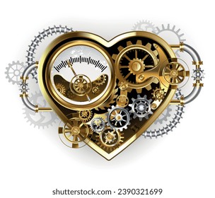 Corazón mecánico, volumétrico, de vapor punk con manómetro de presión, acero y engranajes dorados sobre fondo blanco. Estilo Steampunk. arte vectorial dibujado a mano