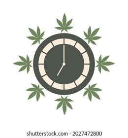 Mechanische Wanduhr auf weißem Hintergrund mit grünen Hanfblättern. Kreatives modernes Design. Vektorgrafik.