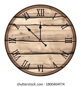 mechanical wall clock with a round wooden dial and Roman numerals. Measuring time. Countdown to the new year 2021. Realistic vector on white background