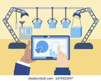 Mechanical warehouse management, robotization. In minimalist style Cartoon flat vector illustration