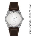 Mechanical watch in classic design. Realistic wristwatch, luxury fashion object for men on white background. Elegant business chronograph with leather bracelet