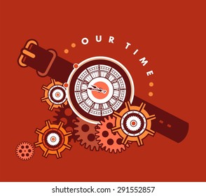 mechanical watch with a leather strap decorated with metal parts and gears in the style of steam punk