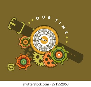 mechanical watch with a leather strap decorated with metal parts and gears in the style of steam punk