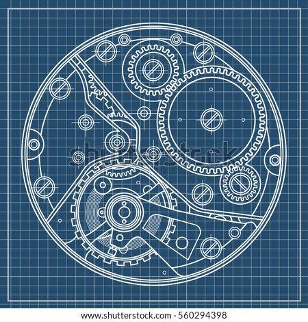 Mechanical watches with gears. Drawing of the internal device. It can be used as an example of harmonious interaction of complex systems, technical, engineering and scientific research, high-tech.