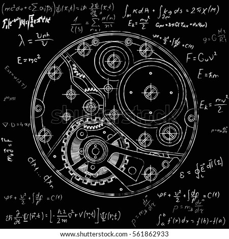 Mechanical watches with gears. Drawing of the internal device. It can be used as an example of harmonious interaction of complex systems, technical, engineering and scientific research, high-tech.