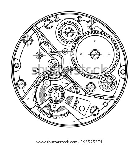 Mechanical watches with gears. Drawing of the internal device. It can be used as an example of harmonious interaction of complex systems, technical, engineering and scientific research, high-tech.