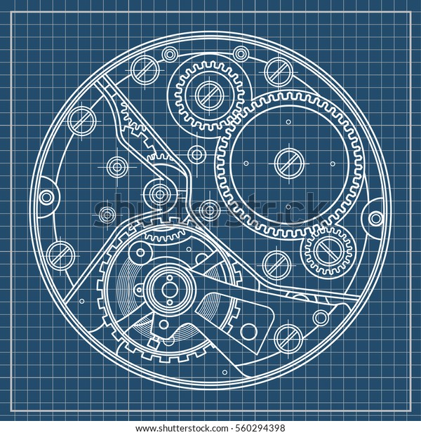 機械式時計と歯車 内部デバイスの図面 複雑なシステム 技術 工学 科学の研究 ハイテクの調和のとれた相互作用の例として利用できる のベクター画像素材 ロイヤリティフリー