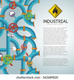 Mechanical water pipeline poster with blue pipes text valves pressure meters stopcocks vector illustration