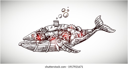 Mechanical whale. Hand drawn vector illustration. Steampunk style.