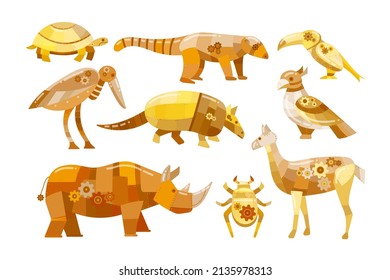 Mechanical wild animals cartoon illustration set. Robotic rhino, turtle, bug and bird toys isolated on white background. Metal electronic pets cyborgs or futuristic monsters. Robots, future concept