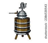 Mechanical wine press engraving sketch style hand drawn color vector illustration. Scratch board style imitation. Hand drawn image.