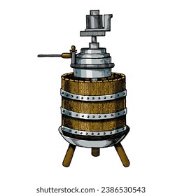 Mechanical wine press engraving sketch style hand drawn color vector illustration. Scratch board style imitation. Hand drawn image.